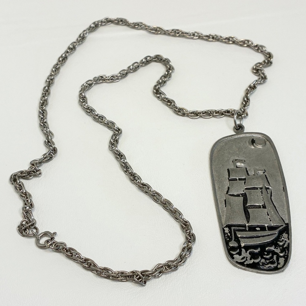 Vintage Jorgen Jensen Necklace Pewter Tall Ship Nautical Pendant Danish Modern